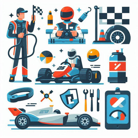 Set of karting elements. Vector illustration in flat style.のイラスト素材