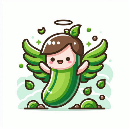 Cute cartoon green cucumber with angel wings. Vector illustration.のイラスト素材