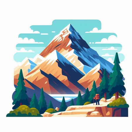 Mountains and forest landscape. Mountain peak and pine trees. Vector illustration.のイラスト素材