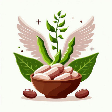 Bowl of beans with wings and green leaves. Vector illustration.のイラスト素材
