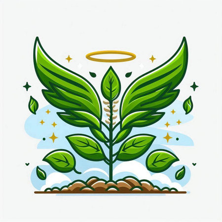 Illustration of a green plant with leaves and a halo in the skyのイラスト素材