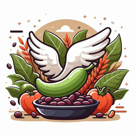 Vector illustration of olive oil in a bowl with wings and ripe vegetables.のイラスト素材