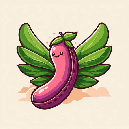 Cute cartoon banana fruit character with green leaves. Vector illustration.のイラスト素材