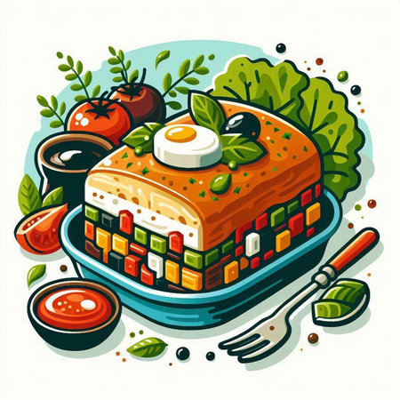Vector illustration of a piece of pie with tomato, cheese, olives and eggのイラスト素材
