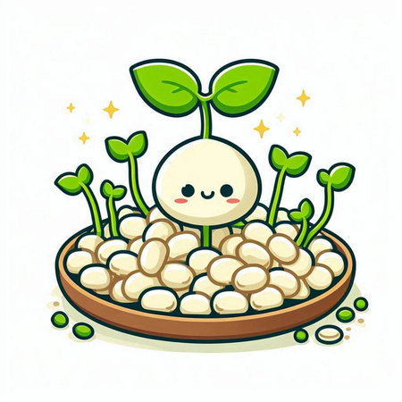 Cute little chickpea sprouts in a bowl. Vector illustration.のイラスト素材