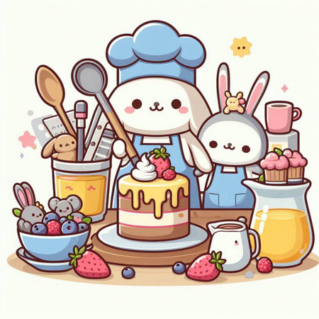 Illustration of a Cute Cartoon Bunny Chef with Cake and Pastryのイラスト素材