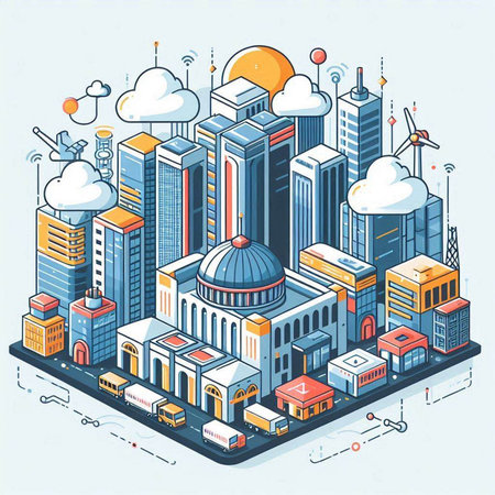 Modern city with skyscrapers and buildings. Vector isometric illustrationのイラスト素材
