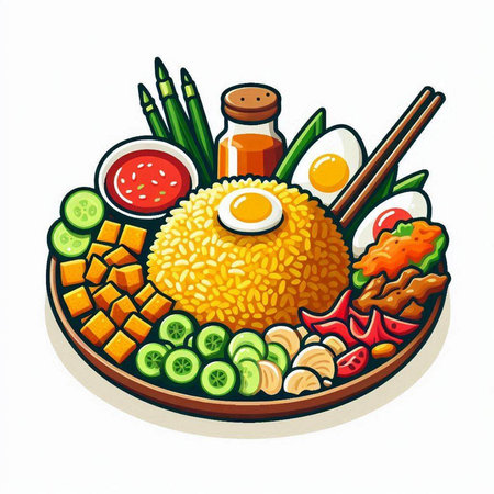 Illustration of fried rice with chopsticks and vegetables on white backgroundのイラスト素材