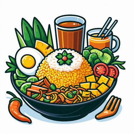 Illustration of a bowl with rice, fried egg and chopsticksのイラスト素材