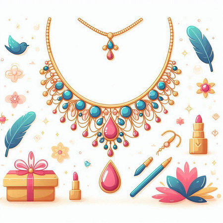 Vector set of female accessories: necklace, bracelet, earrings, lipstick, perfume, gift box and feathers.のイラスト素材