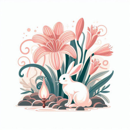 Easter card with rabbit and lily flowers. Vector illustration.のイラスト素材