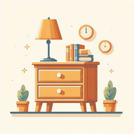 Vector illustration of an interior with a nightstand, books, lamps and clocks.のイラスト素材