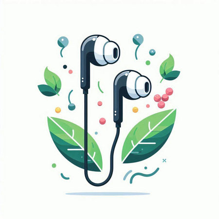 Earphones with leaves. Vector illustration in flat style on white background.のイラスト素材