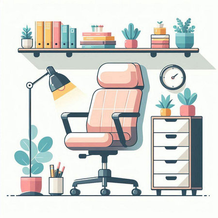 Office chair and bookshelf. Vector illustration in flat style.のイラスト素材