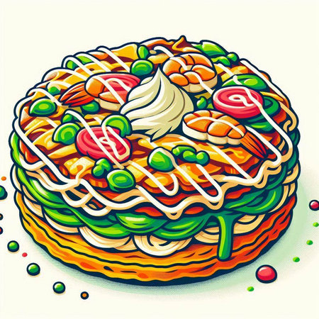 Illustration of a colorful noodle with shrimps on topのイラスト素材
