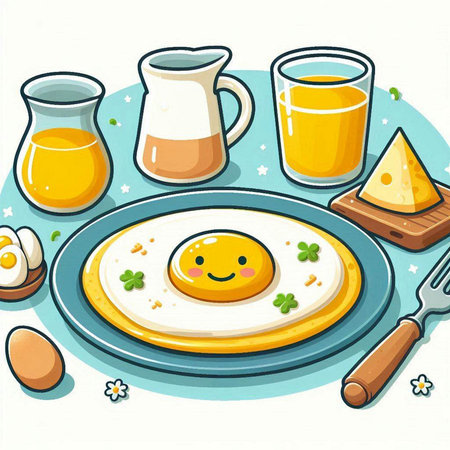 Fried eggs with butter and glass of orange juice. Vector illustration.のイラスト素材