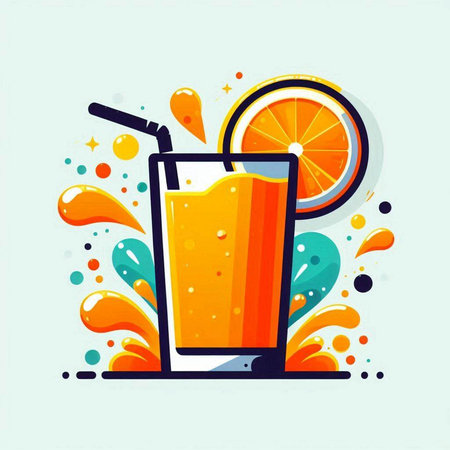 Orange juice in a glass with a straw and a slice of orange. Vector illustration.のイラスト素材