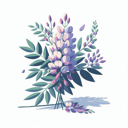 Bouquet of purple lupine flowers with leaves. Vector illustration.のイラスト素材