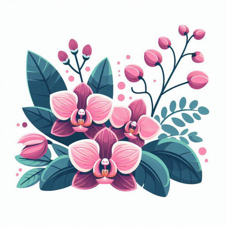 Orchid flowers bouquet with leaves. Vector illustration isolated on white background.のイラスト素材