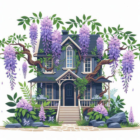 Beautiful old house with wisteria flowers. Vector illustration.のイラスト素材
