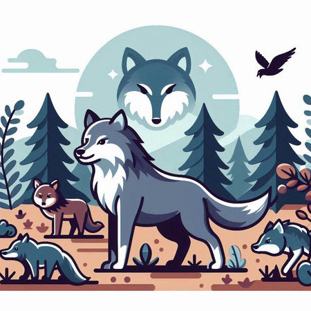 Cute cartoon wolf in the forest. Vector illustration in flat style.のイラスト素材