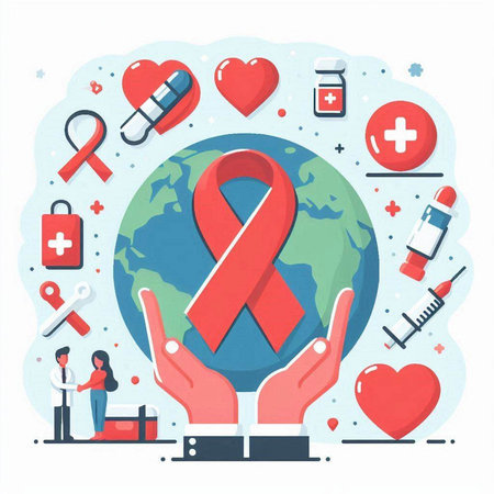 Vector illustration of World Aids Day. Red ribbon on the background of the globe.のイラスト素材
