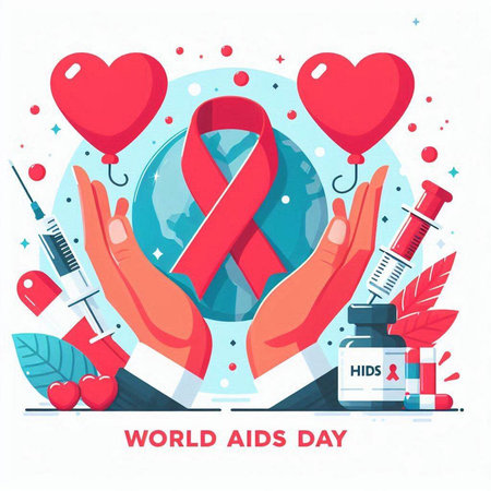 Vector illustration of World Aids Day in flat design style. Red ribbon on white background.のイラスト素材