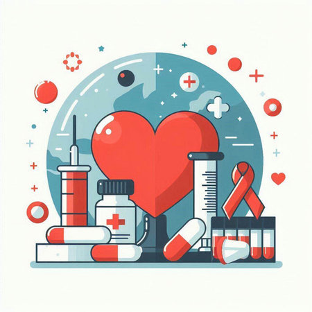 Vector flat illustration with red heart, syringe, pills, ampoules and ribbon on the background of the world map.のイラスト素材