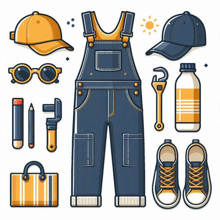 Vector illustration of work clothes and accessories. Isolated on white background.のイラスト素材