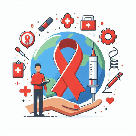 Vector illustration of World Aids Day concept. Red ribbon, syringe, hand and medical icons around.のイラスト素材