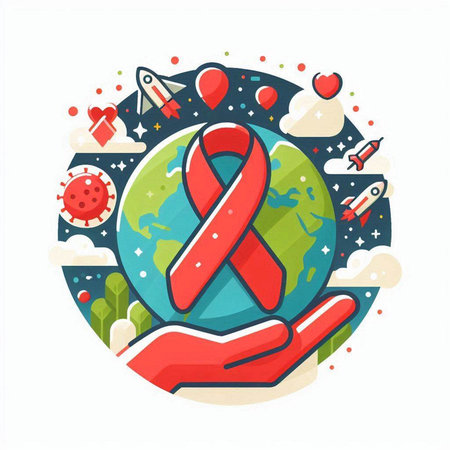 World Cancer Day. Vector Illustration of World Cancer Day with Red Ribbon on Earth Background.のイラスト素材