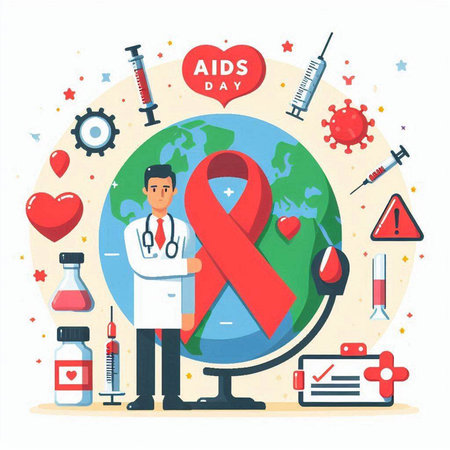 Vector flat illustration of World Aids Day concept. Red ribbon on globe.のイラスト素材