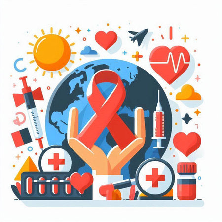 Vector illustration of World Aids Day concept. Red ribbon, syringe, medical icons around.のイラスト素材
