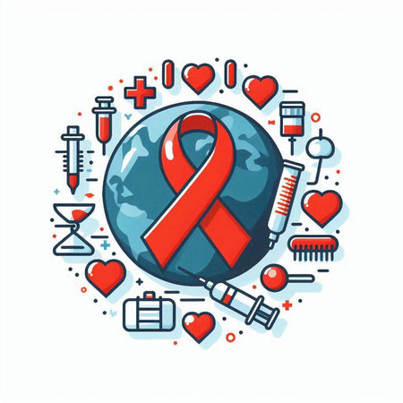 World Aids Day. Red ribbon and icons around. Vector illustration.のイラスト素材