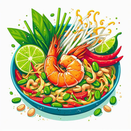 Seafood noodle soup with shrimps and vegetables, vector illustrationのイラスト素材