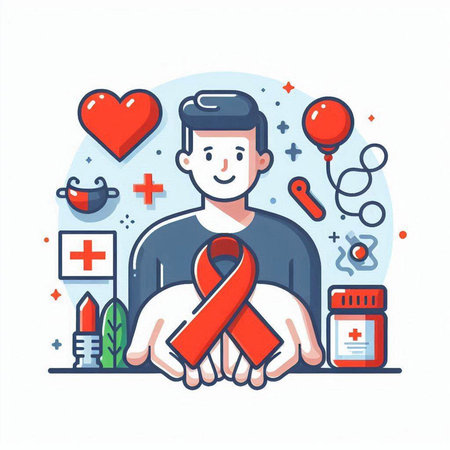 Vector illustration of a man with a red ribbon in his hands, a symbol of the fight against AIDS.のイラスト素材