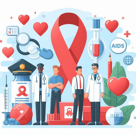 World AIDS day concept with doctor, nurse and red ribbon vector illustrationのイラスト素材