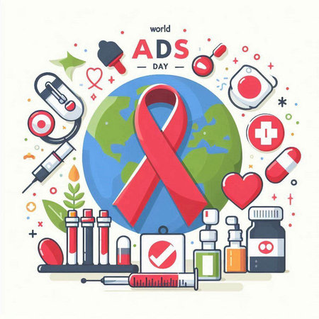 World Aids Day concept. Red ribbon symbol and icons. Vector illustrationのイラスト素材