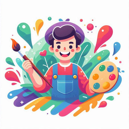 Happy painter boy with palette and brush. Cute cartoon vector illustrationのイラスト素材