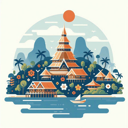 Thai temple on the sea. Vector illustration in flat style.のイラスト素材