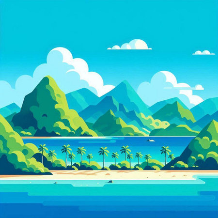 Tropical beach with palm trees and mountains. Vector illustration.のイラスト素材