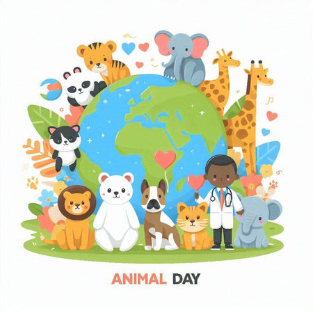 Vector illustration of a World Animal Day with cute cartoon animals on white background.のイラスト素材