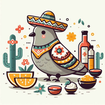 Vector illustration of a funny bird in mexican sombrero.のイラスト素材