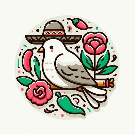 Vector illustration of a white dove with a mexican sombrero and flowers.のイラスト素材