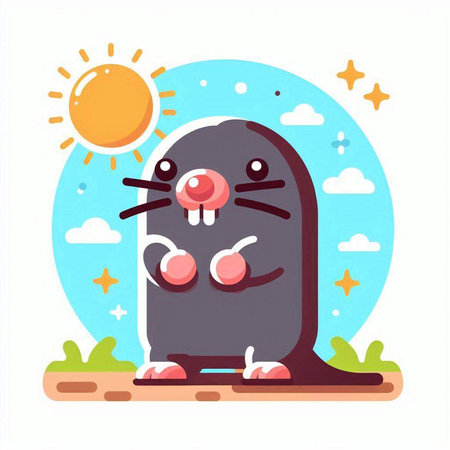 Vector illustration of cute cartoon mole in the flat style with sun and cloudsのイラスト素材