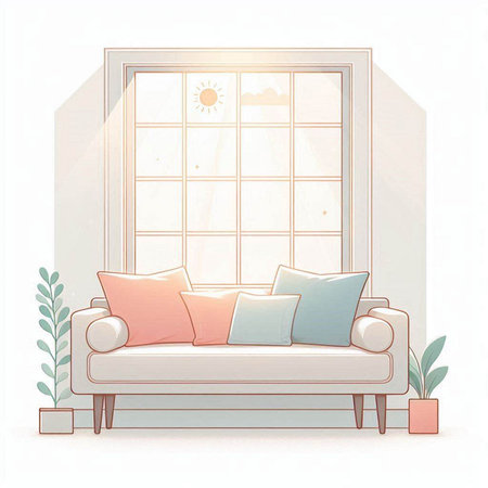 Illustration of a sofa with pillows and a window in the backgroundのイラスト素材
