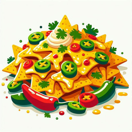 Mexican nachos with vegetables and sauce. Vector illustration.のイラスト素材