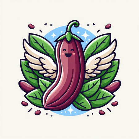 Cute eggplant with wings and leaves. Vector cartoon illustration.のイラスト素材