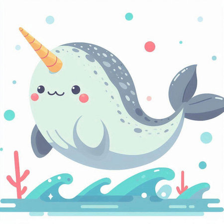 Cute cartoon narwhal. Vector illustration on white background.のイラスト素材