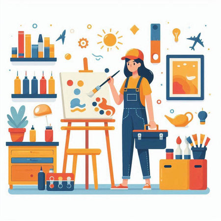 Painter woman working in her studio. Flat design vector illustration.のイラスト素材